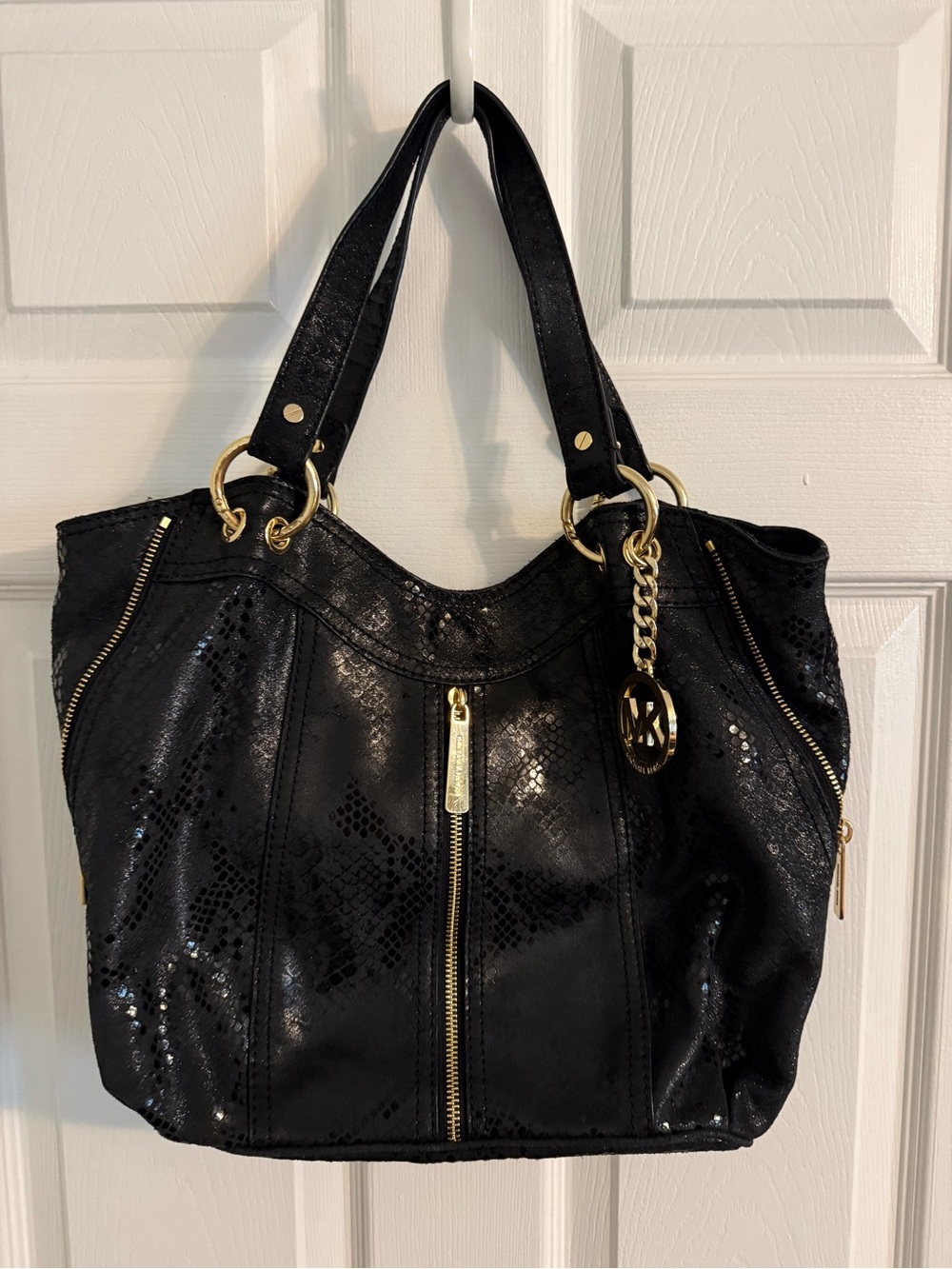 Michael Kors Black Shoulder Tote with Gold Hardware and Logo Charm
